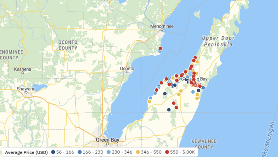 Door County peninsula map with short-term rental average price dots from Sturgeon Bay to the Upper Door