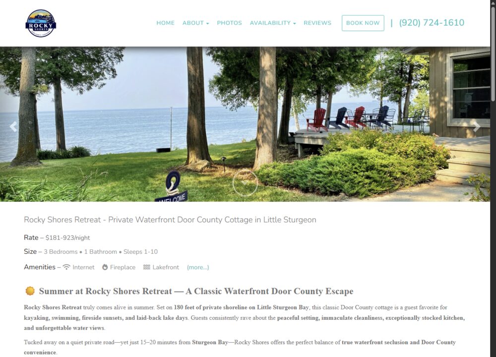 rockyshoresretreat.com homepage — waterfront lawn, booking site with live rates and availability