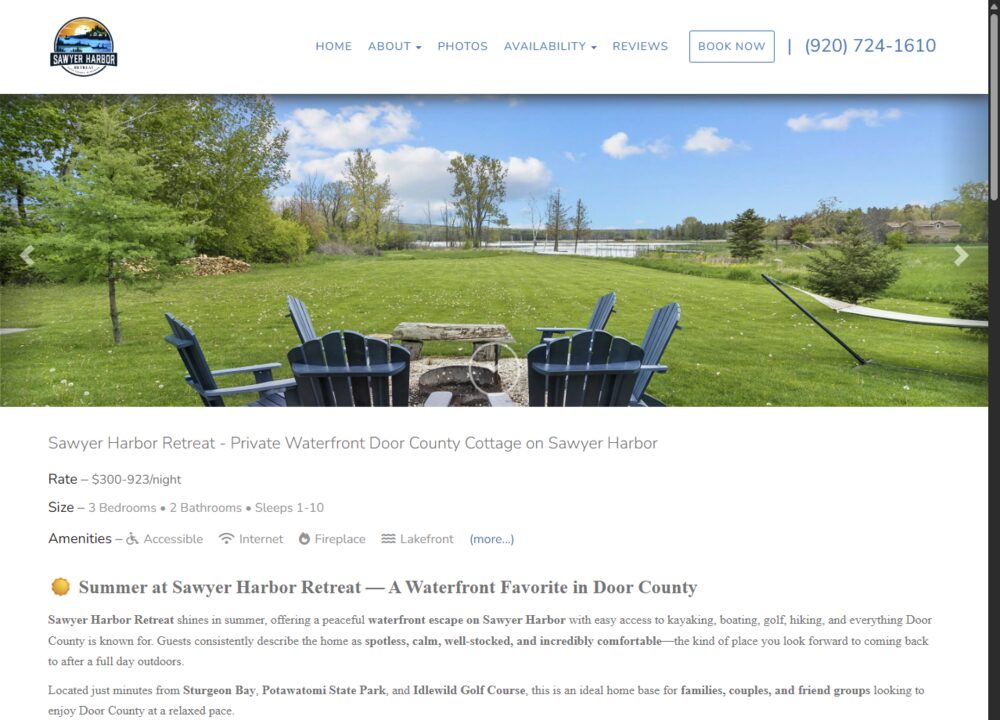 sawyerharborretreat.com homepage — fire pit chairs facing Sawyer Harbor, booking site with live rates